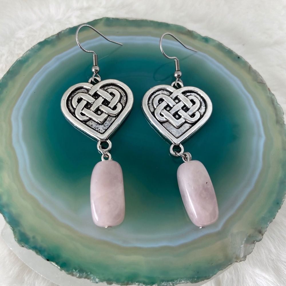 Rose quartz celtic heart knot irish earrings